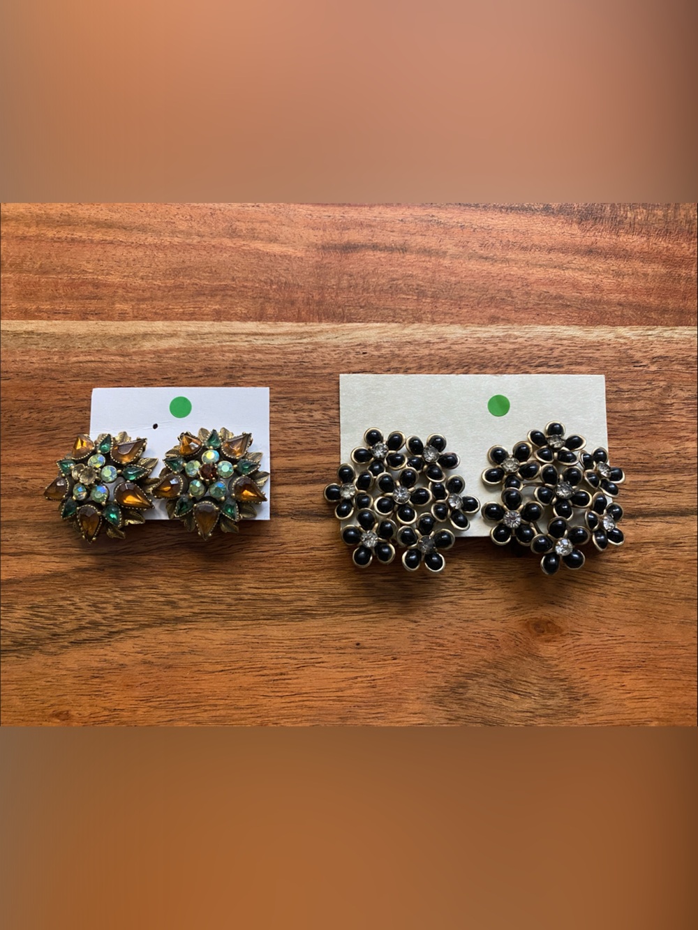 Vintage-Inspired Statement Clip on Earrings in Amber, Green & Black 2 pairs